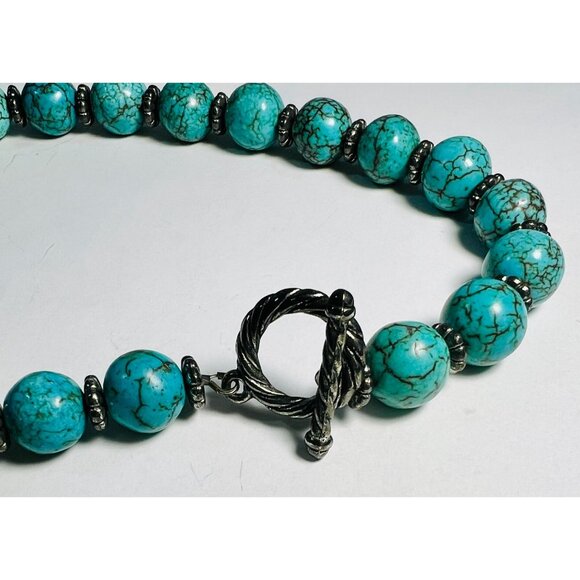 Faux Turquoise Necklace Graduating Beads Silver Accents & Toggle Clasp 22" - Picture 2 of 5